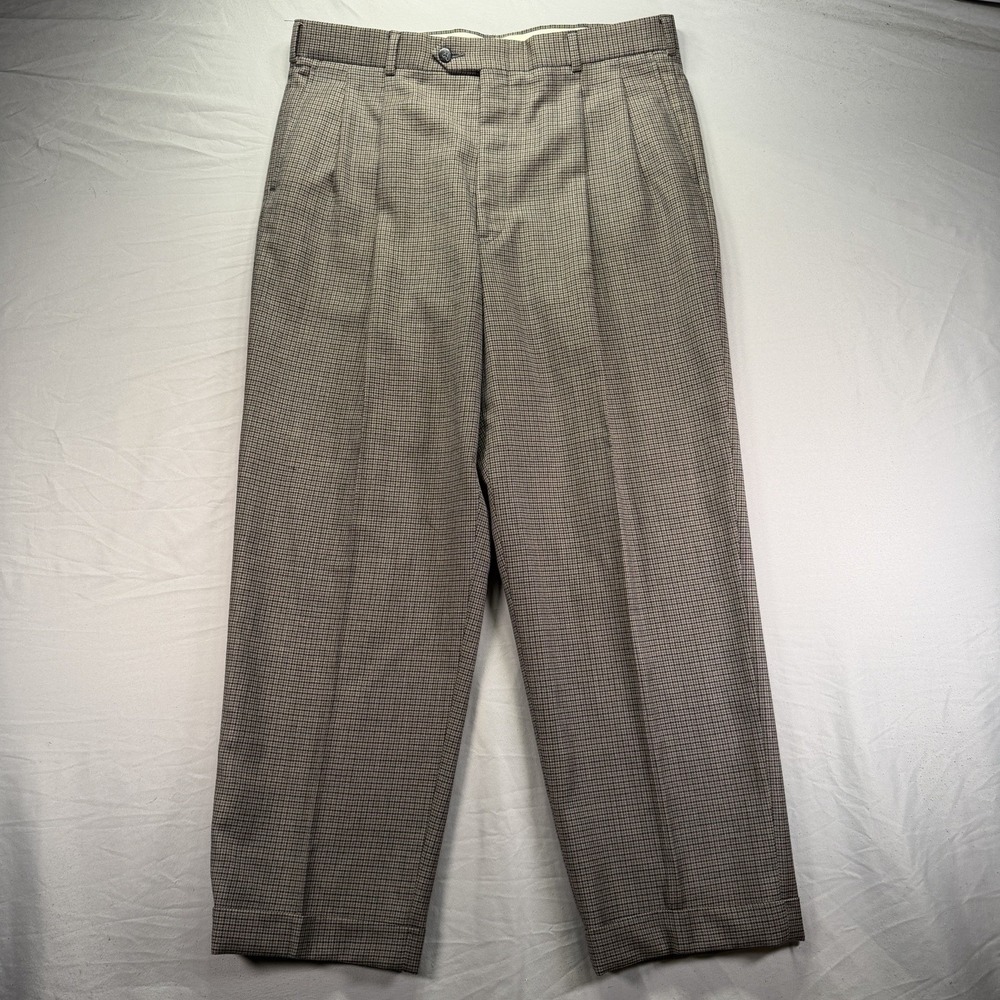 Vintage Wool Houndstooth Dress Pants Mens 36x30 Gray Pleated Pockets Hartmarx